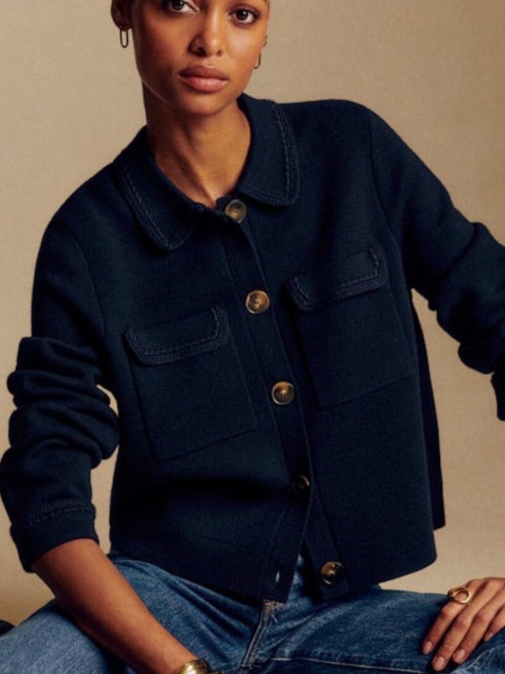 Sezane Betty Cardigan Sweater Navy Crochet